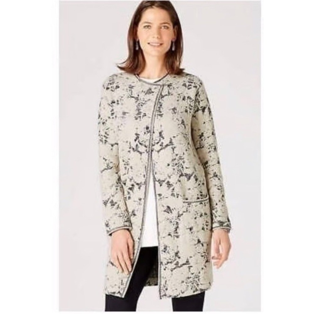 J. Jill Womens Floral Jacquard Sweater Coat Topper Duster Sz M Open Front